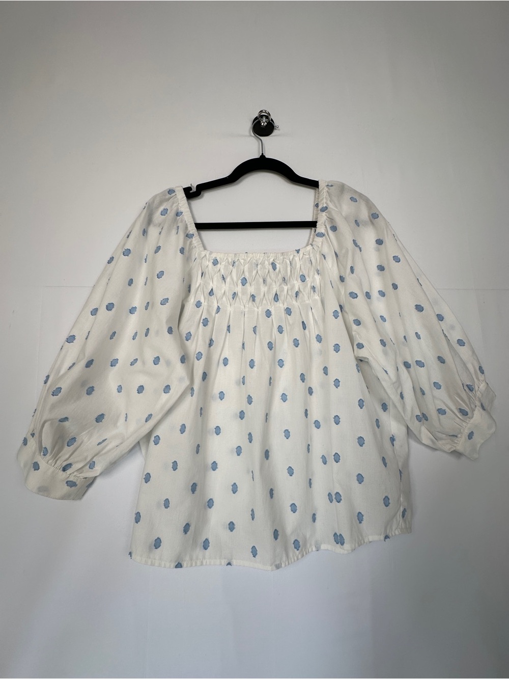 Next Smocked Square Neck Cotton Blouse White Blue Polka Dot Size 8 M/L Coastal